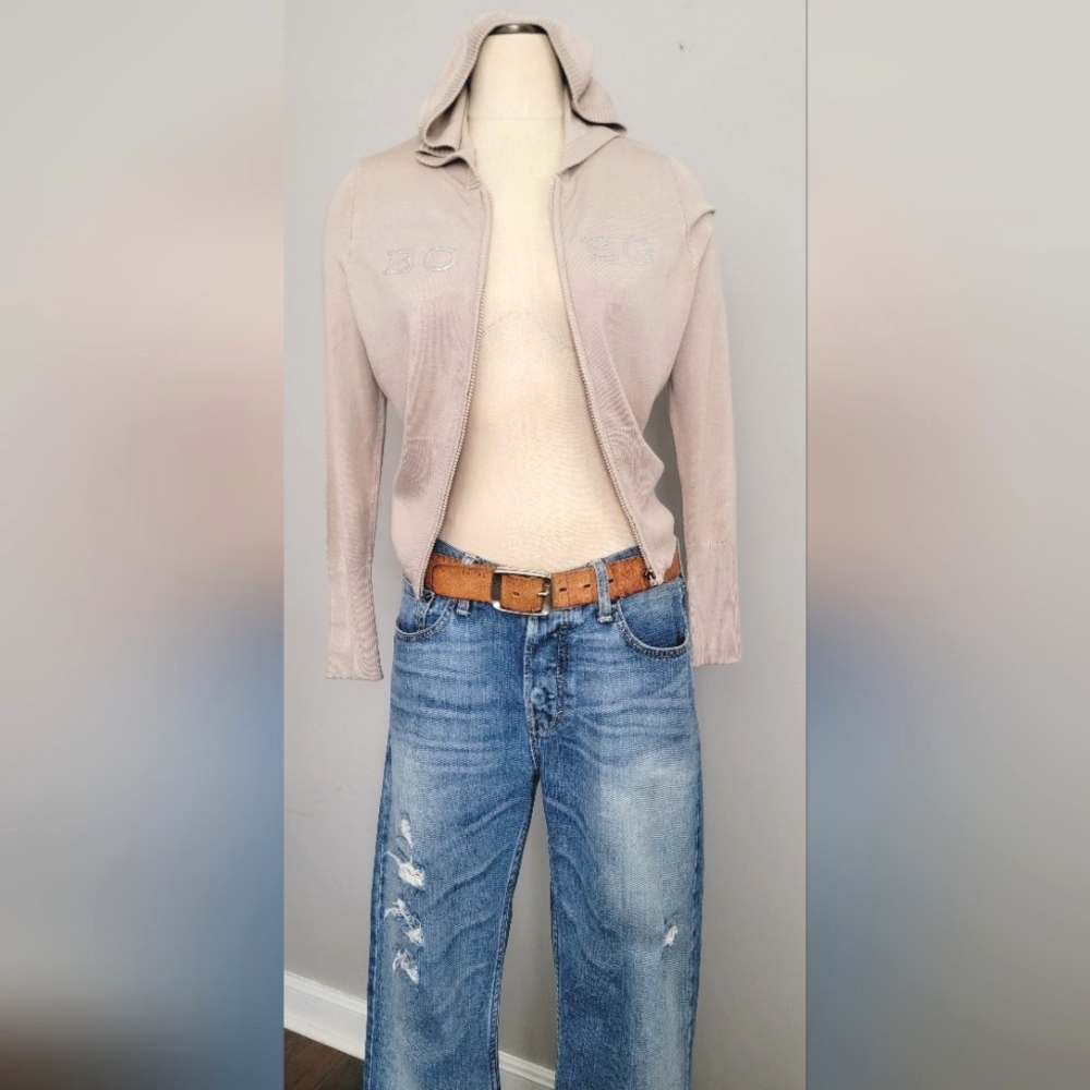 Beige Knit Hoodie Cardigan.